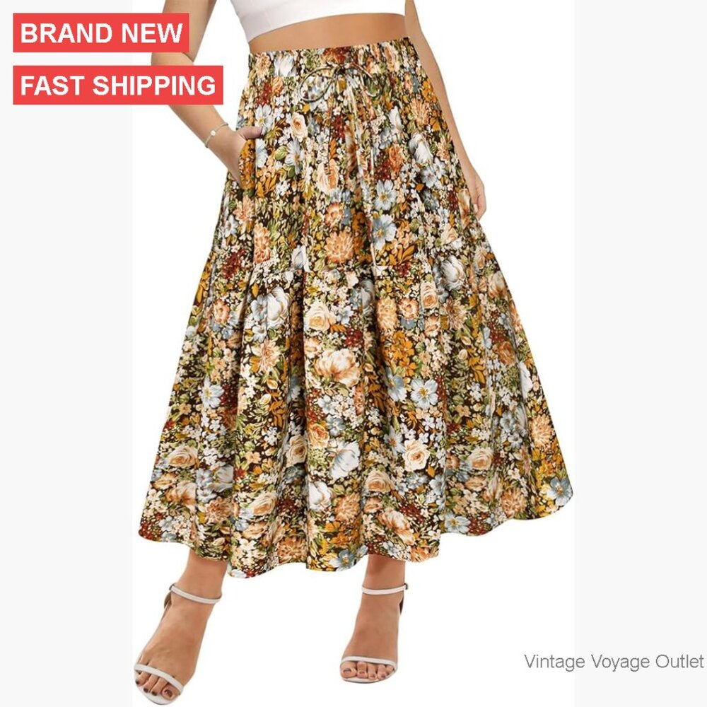 Plus Size Maxi Skirt Elastic Waist Pockets A-Line Tiered Boho Long